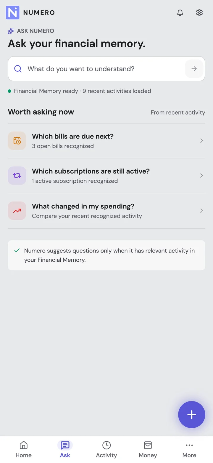 Ask Numero app screen with demo spending questions.