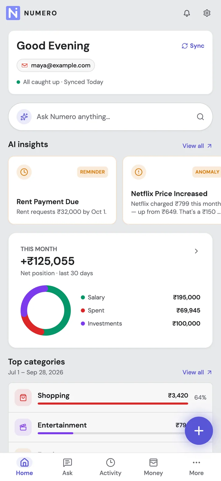 Numero Home screen with demo data: AI insights for a rent payment due and a Netflix price increase, this month's salary, spending and investments, and top categories.